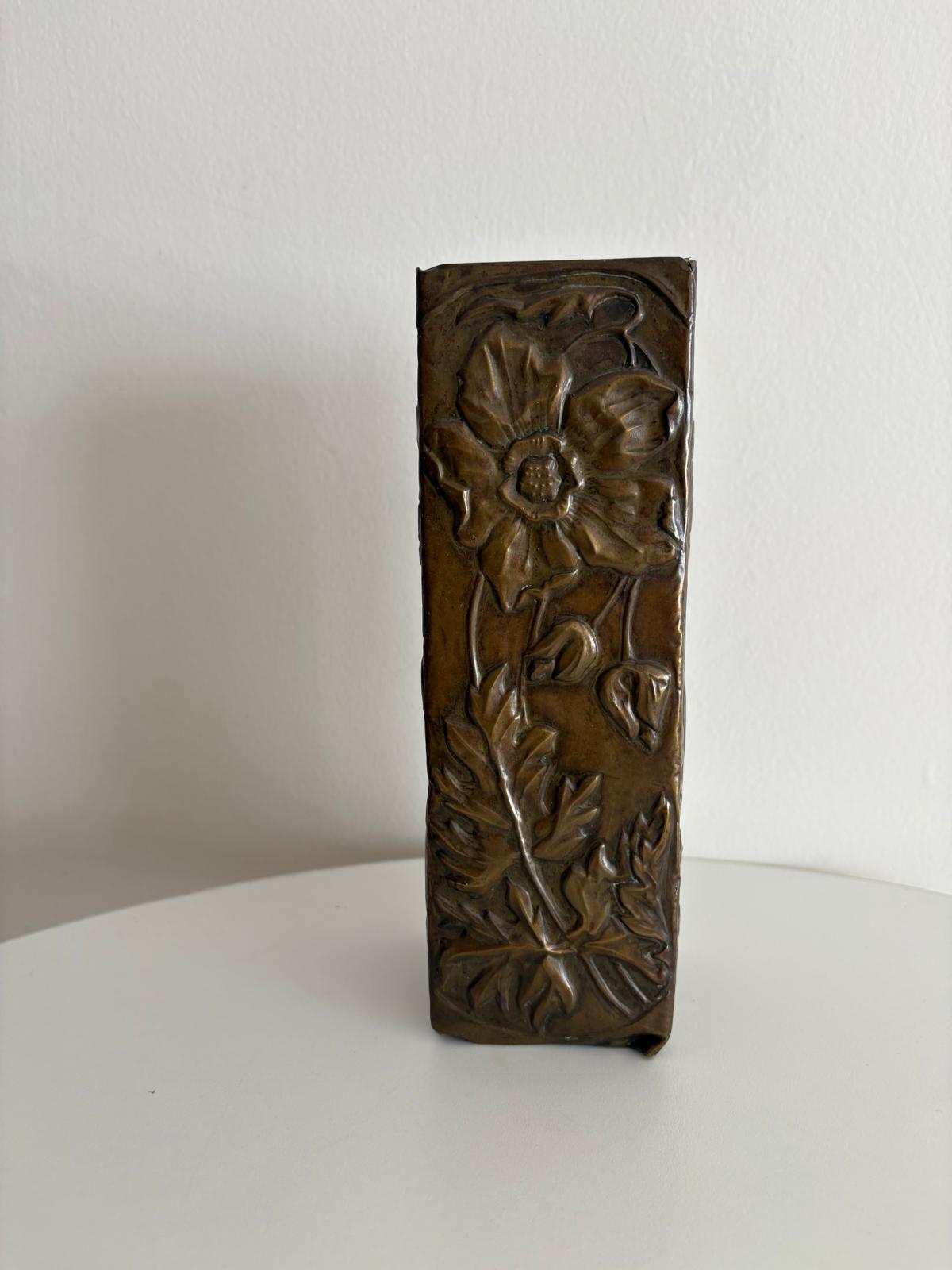 French Art Nouveau Brass Repoussé Floral Vase
