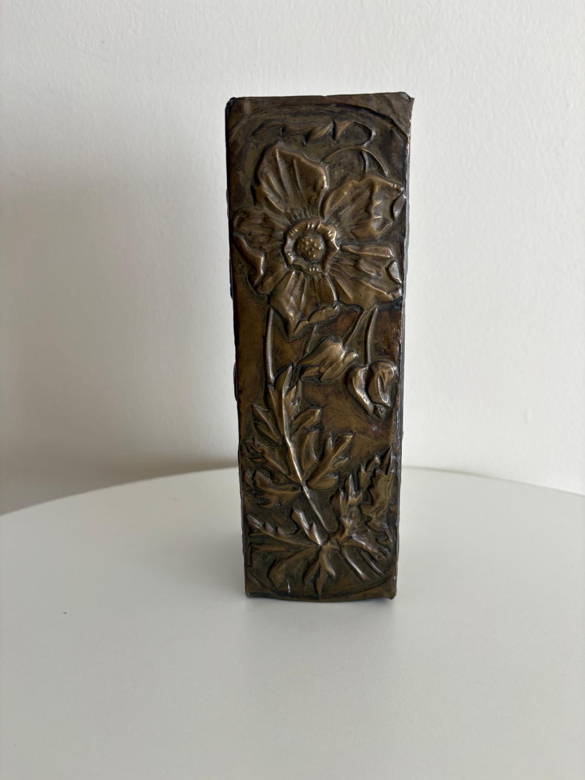 French Art Nouveau Brass Repoussé Floral Vase