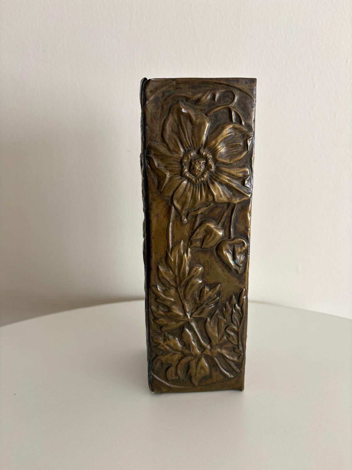 French Art Nouveau Brass Repoussé Floral Vase