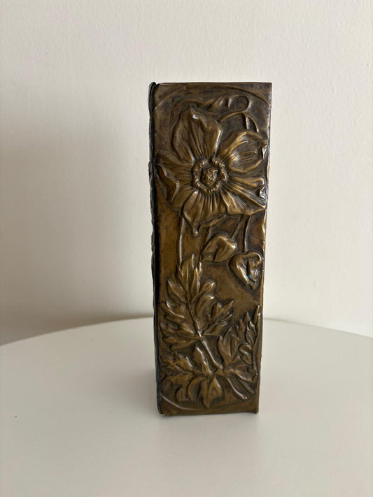 French Art Nouveau Brass Repoussé Floral Vase