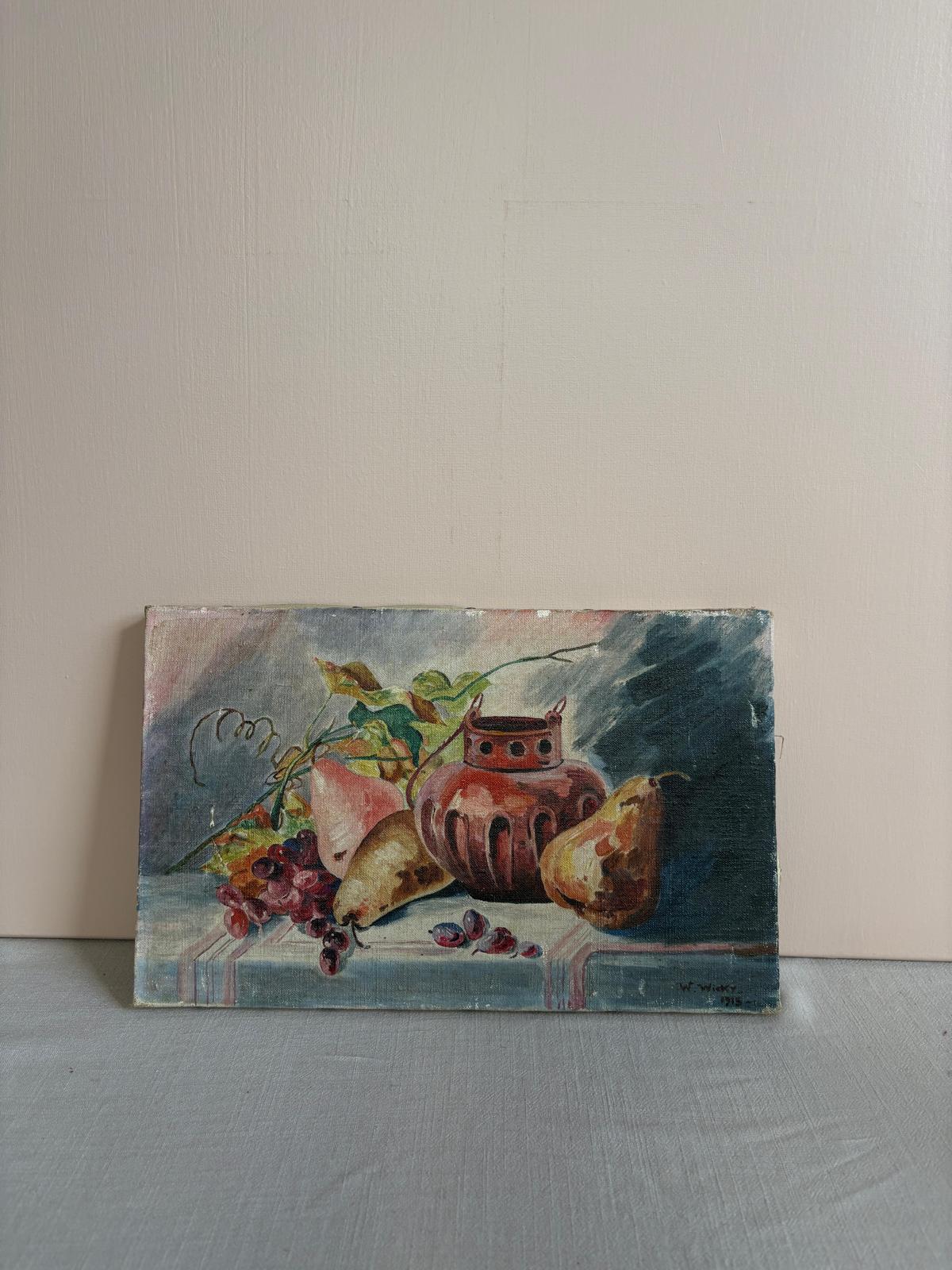 Antique 1915 Still Life Oil Painting,  Pears Grapes &  Vase