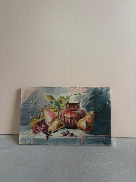 Antique 1915 Still Life Oil Painting,  Pears Grapes &  Vase