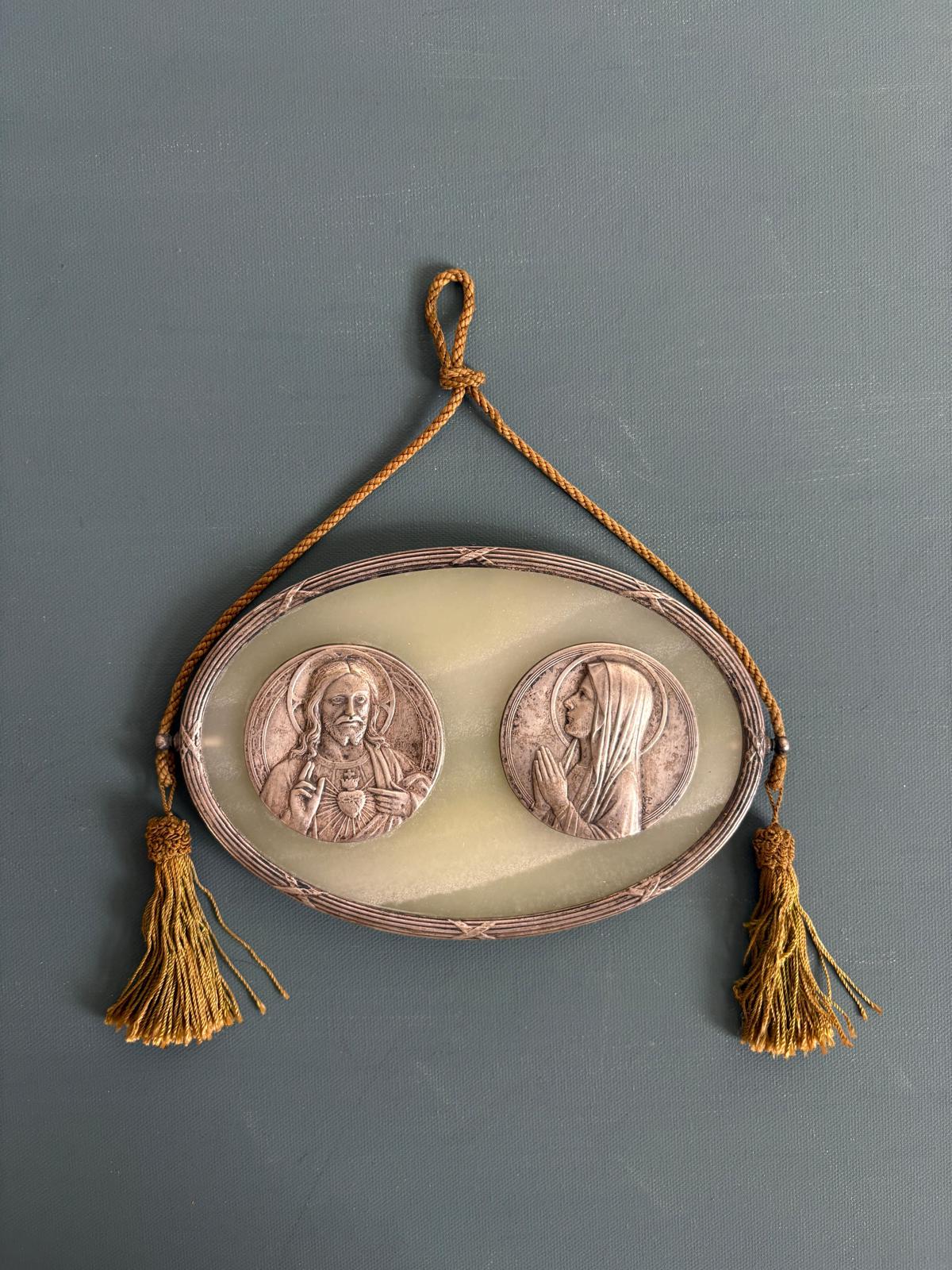 Sacred Heart of Jesus & Virgin Mary Onyx Plaque with Tassels "H"