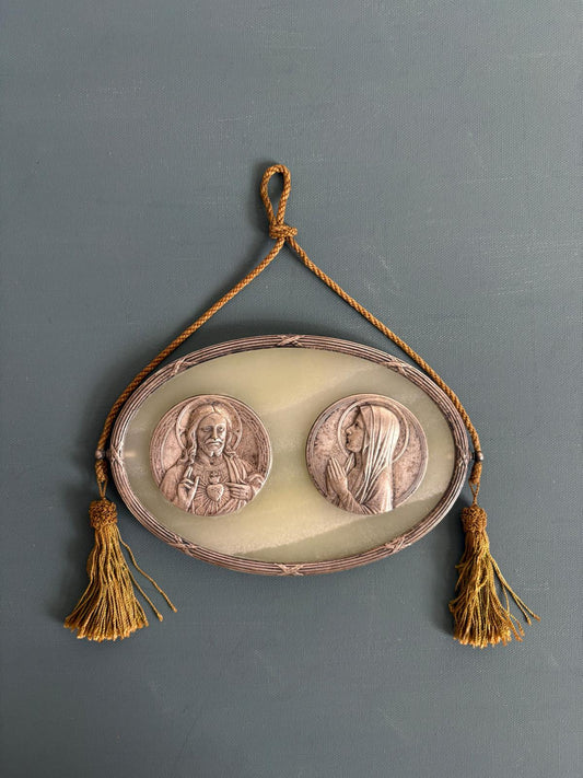 Sacred Heart of Jesus & Virgin Mary Onyx Plaque with Tassels "H"