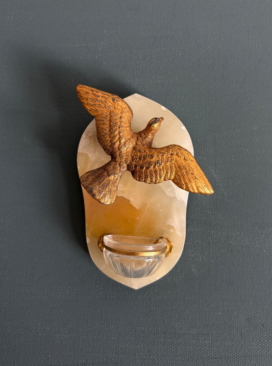 Onyx Plaque with Gilt Dove, Glass Font, & Brass Backing "E"