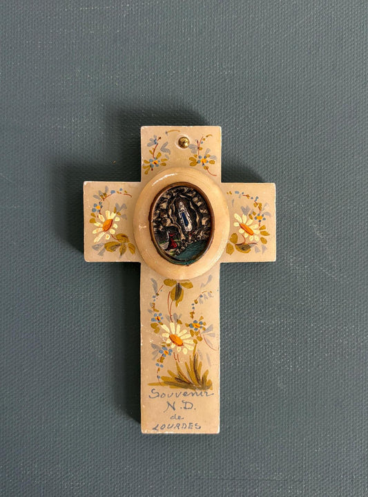Lourdes Alabaster Cross with Hand Painting with  religious miniature (likely also Hand Painted) "G"