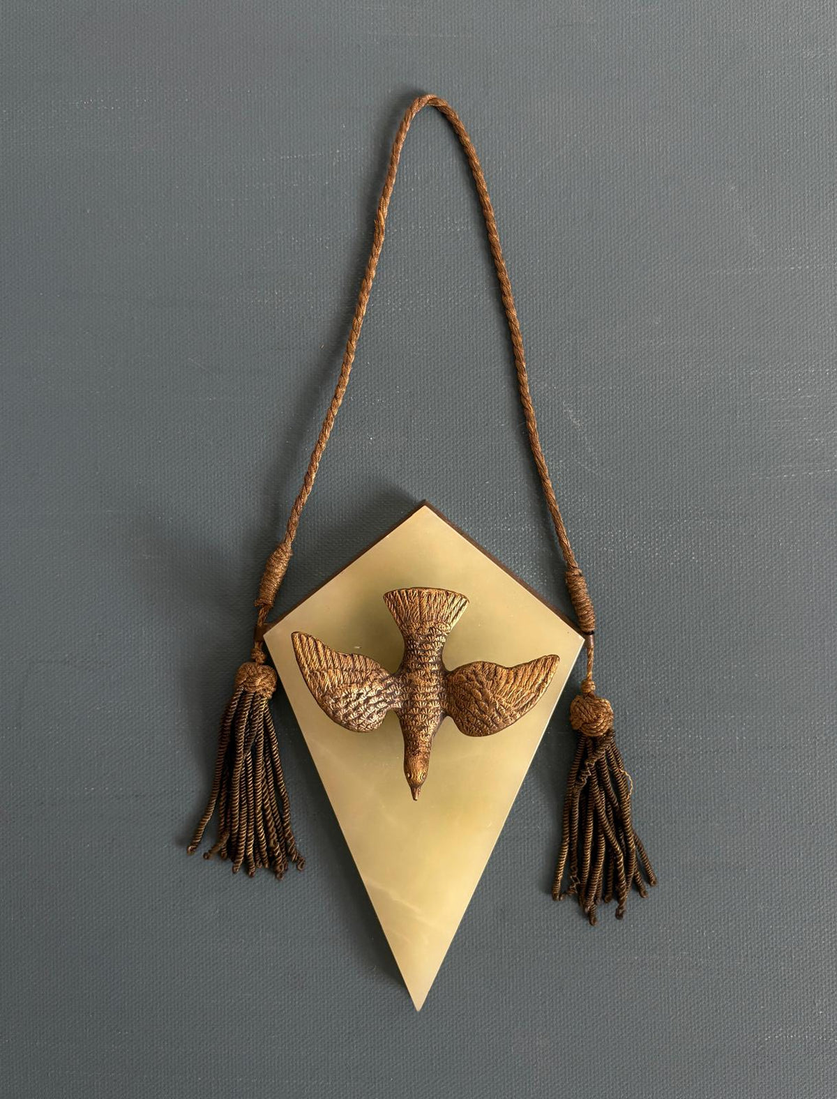 Dove Onyx Plaque wiht Brass Backing and with Tassels "F"