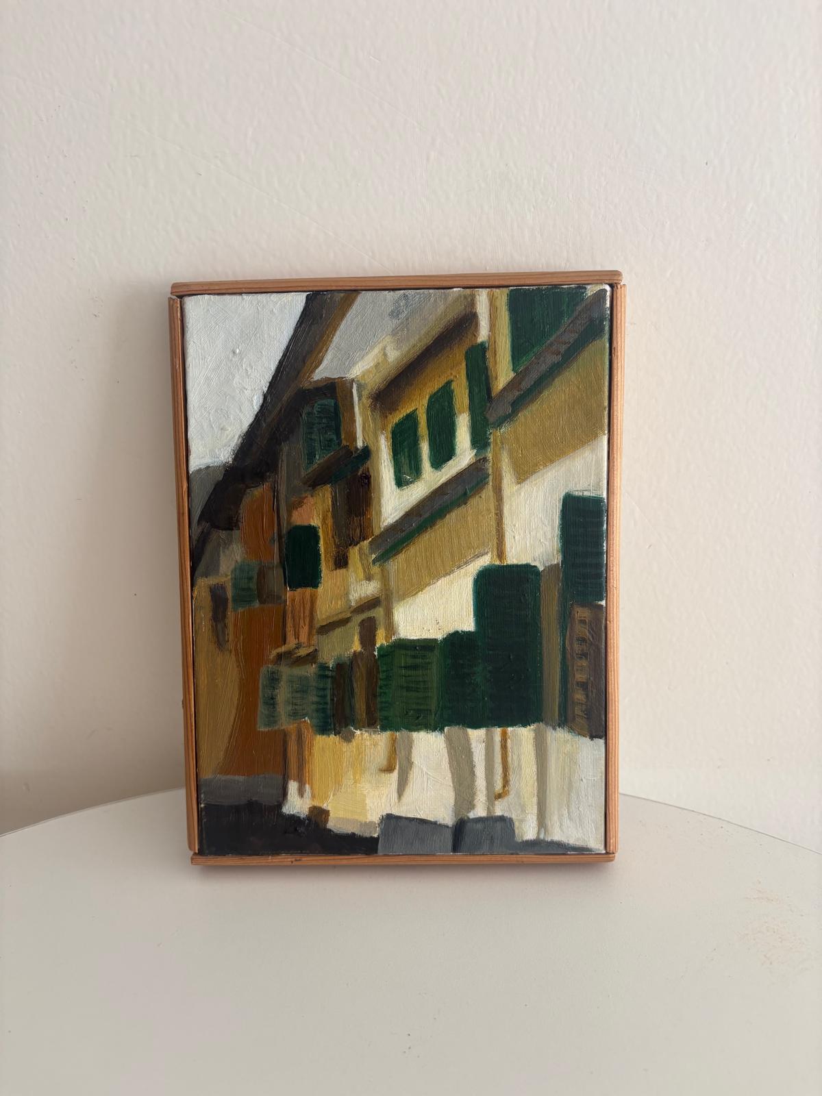 Vintage Mid-Century European Village Street Oil Painting on Canvas