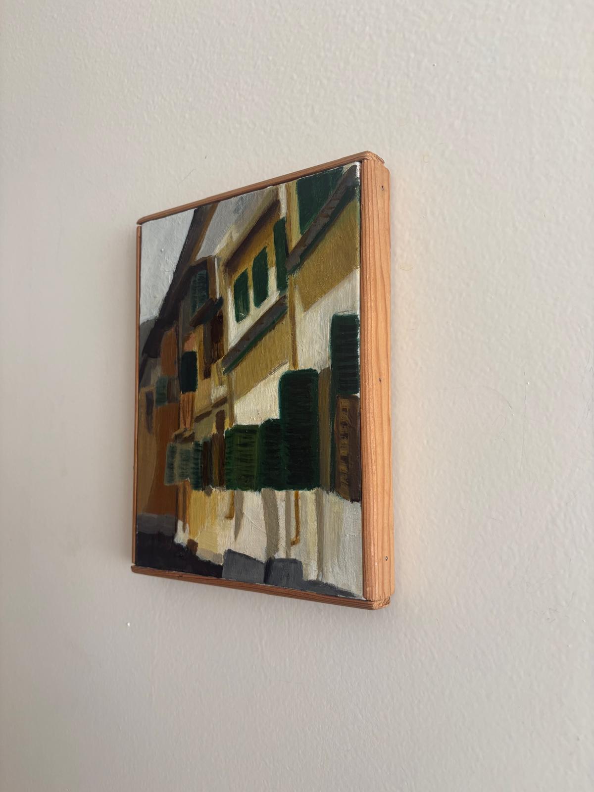 Vintage Mid-Century European Village Street Oil Painting on Canvas