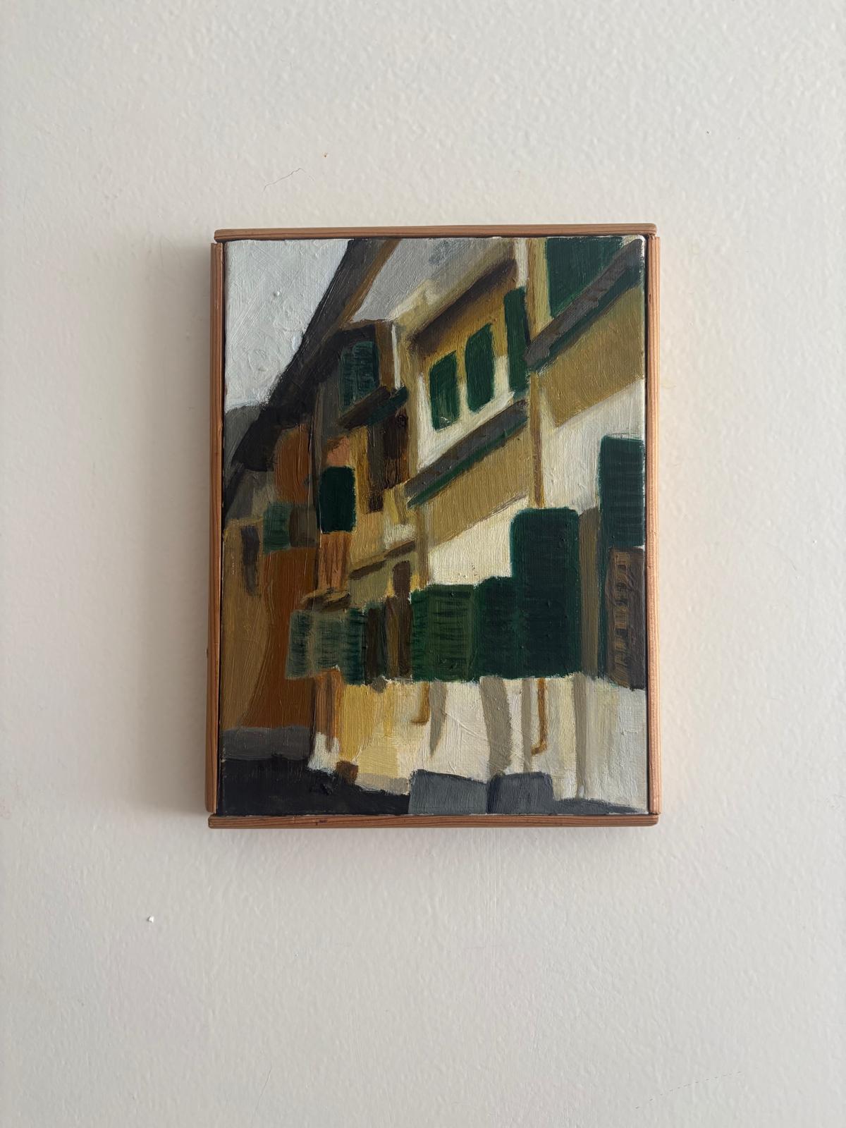 Vintage Mid-Century European Village Street Oil Painting on Canvas