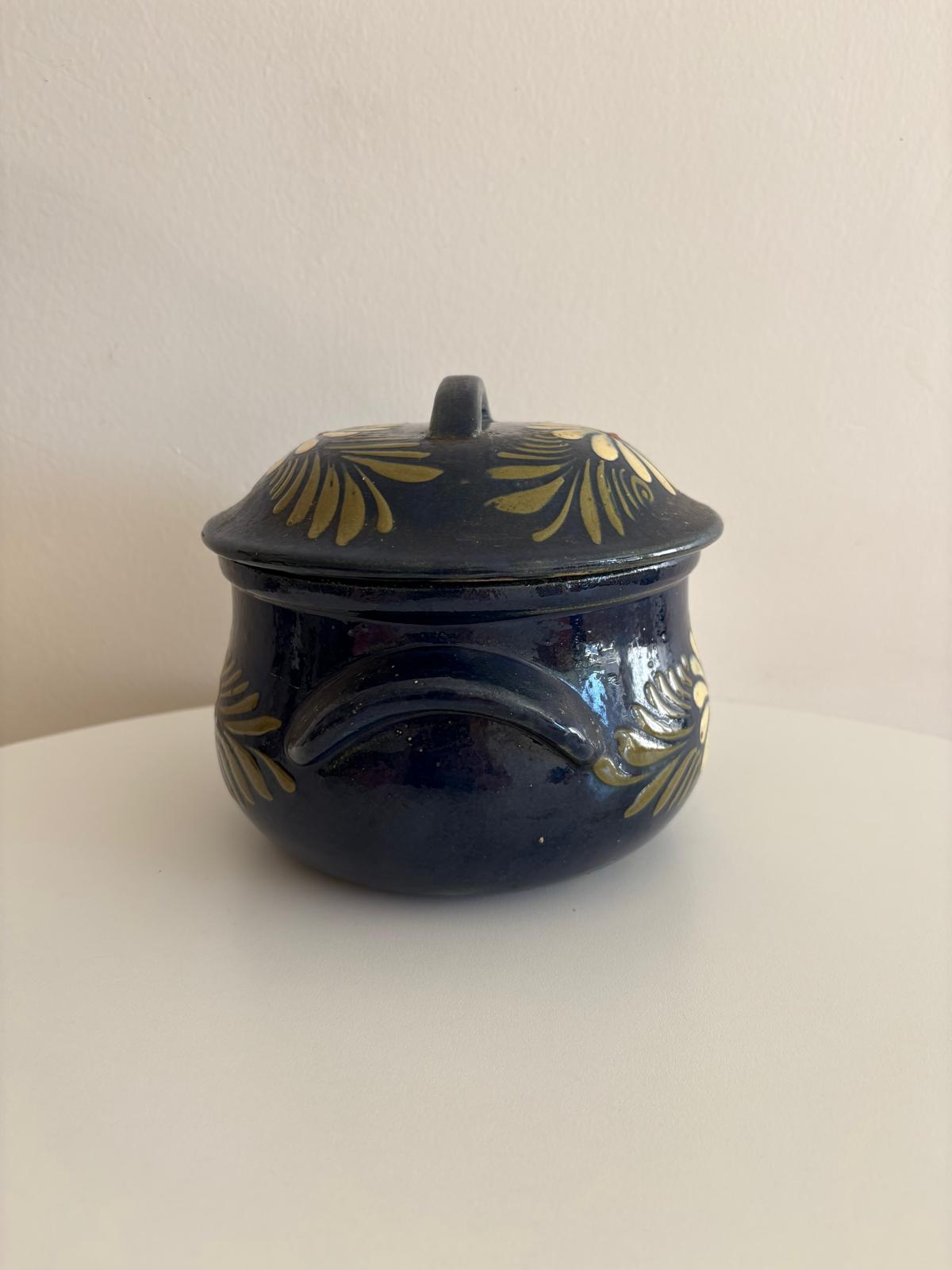 Vintage French Alsatian  Blue Floral Pottery Covered Pot - Collector & Curator