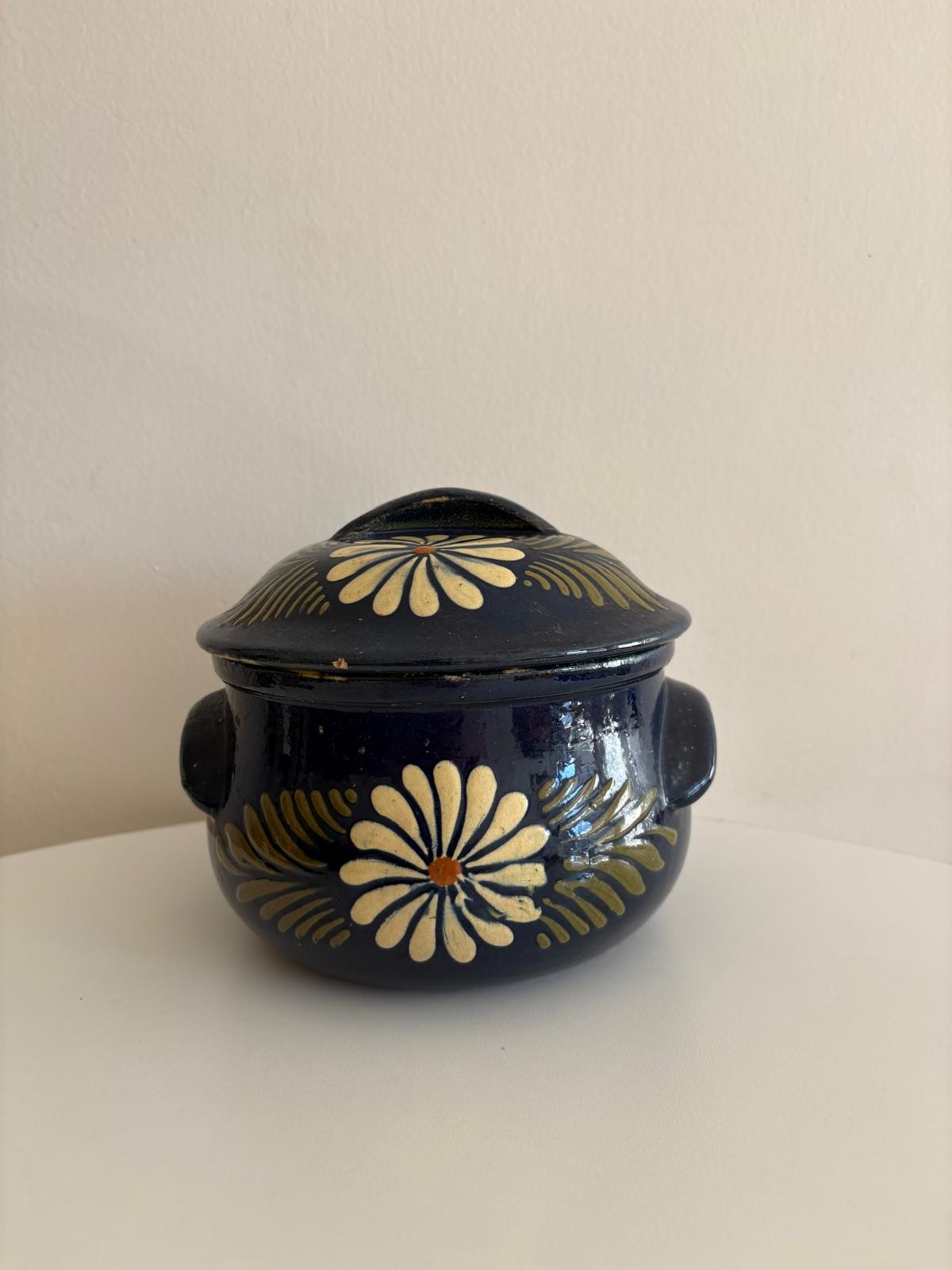 Vintage French Alsatian  Blue Floral Pottery Covered Pot - Collector & Curator