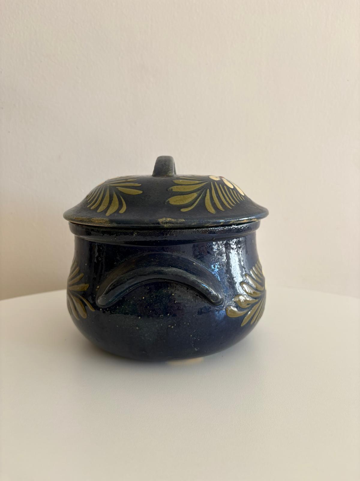 Vintage French Alsatian  Blue Floral Pottery Covered Pot - Collector & Curator