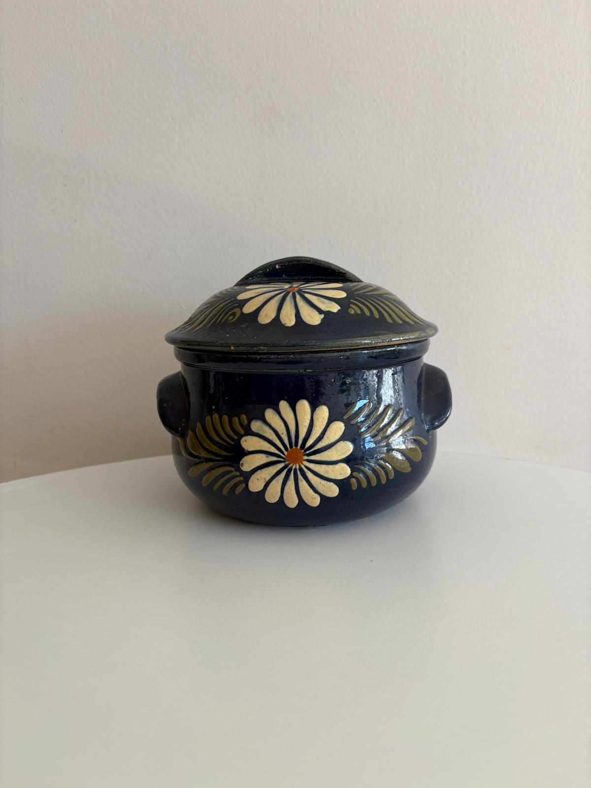 Vintage French Alsatian  Blue Floral Pottery Covered Pot - Collector & Curator