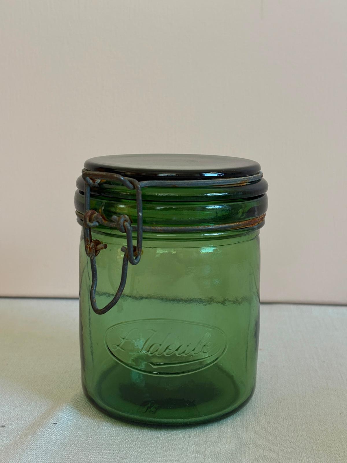 Vintage French L’Idéale Green Glass  Preserve Jar/ Hinged Glass Lid