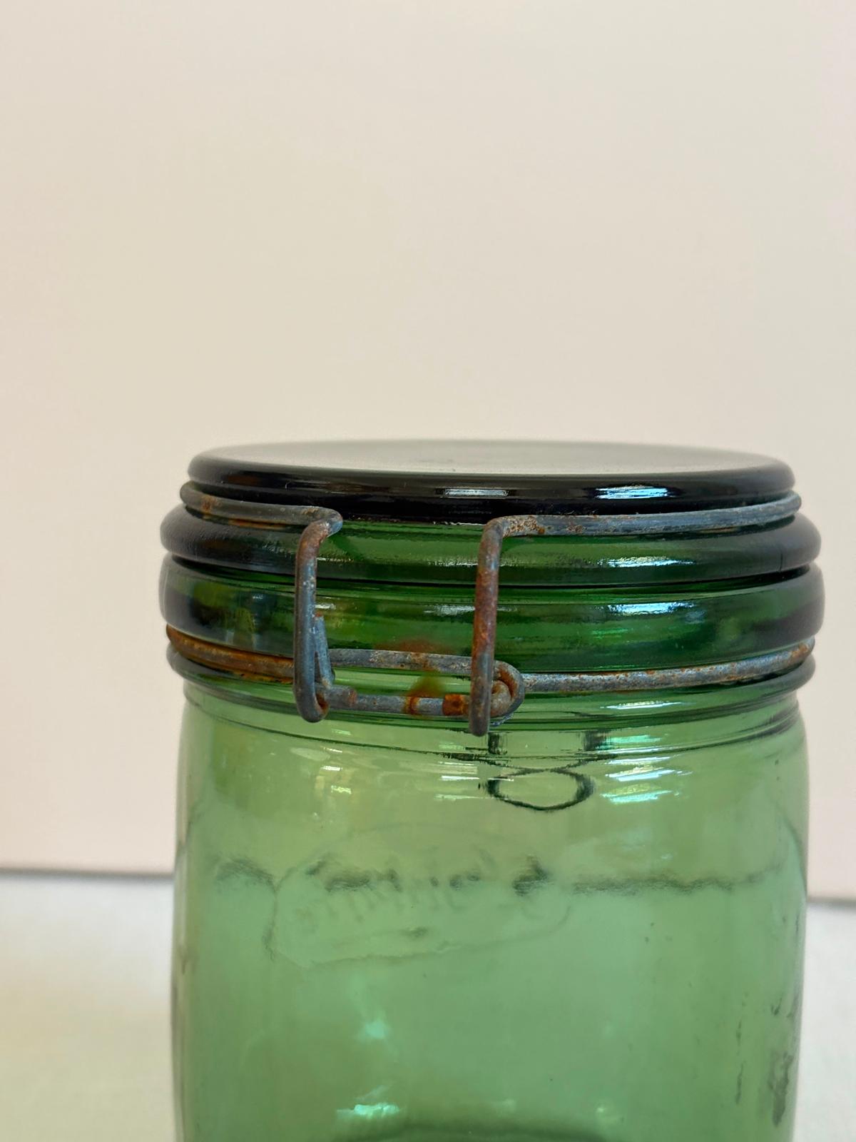 Vintage French L’Idéale Green Glass  Preserve Jar/ Hinged Glass Lid