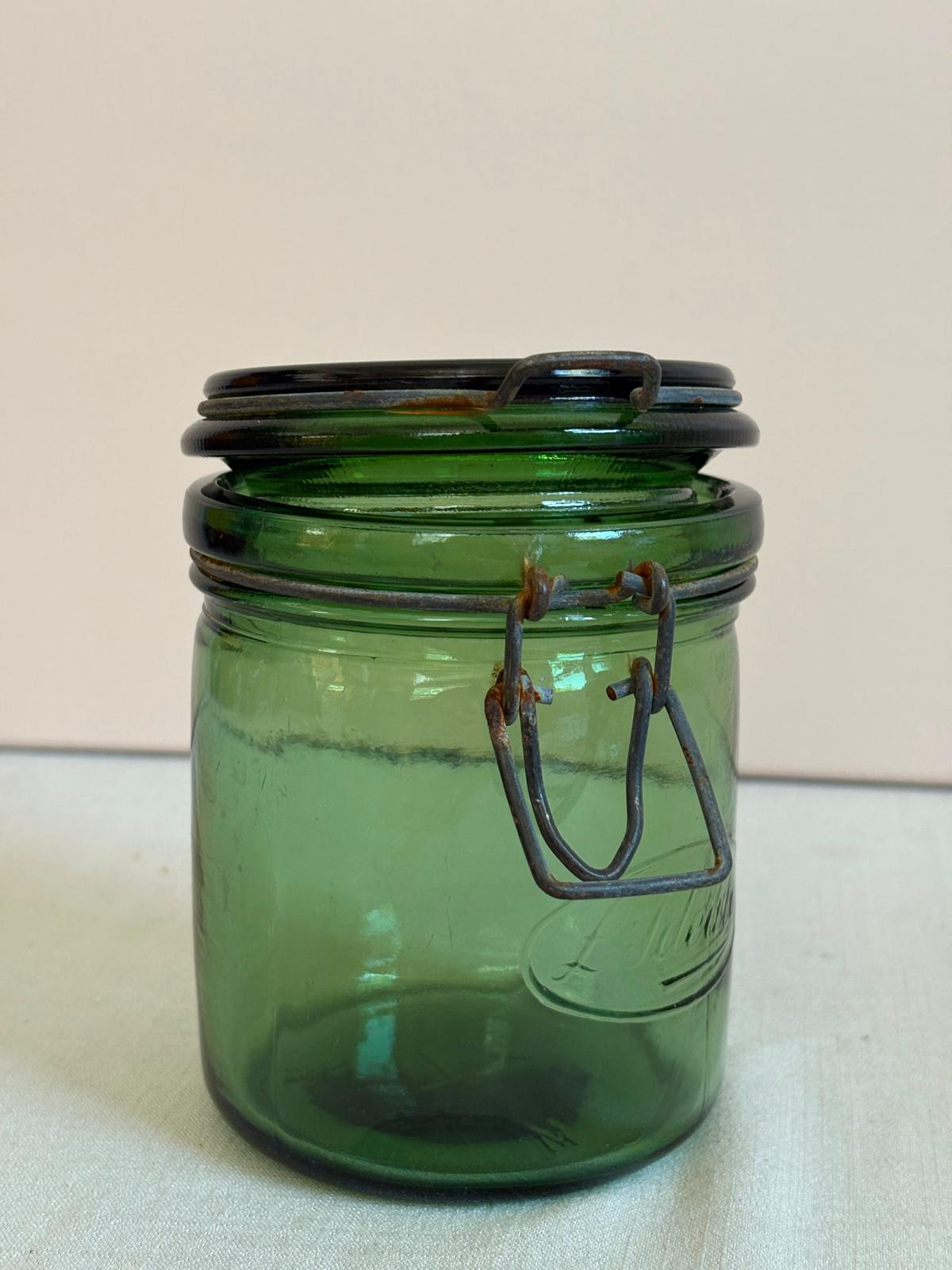 Vintage French L’Idéale Green Glass  Preserve Jar/ Hinged Glass Lid
