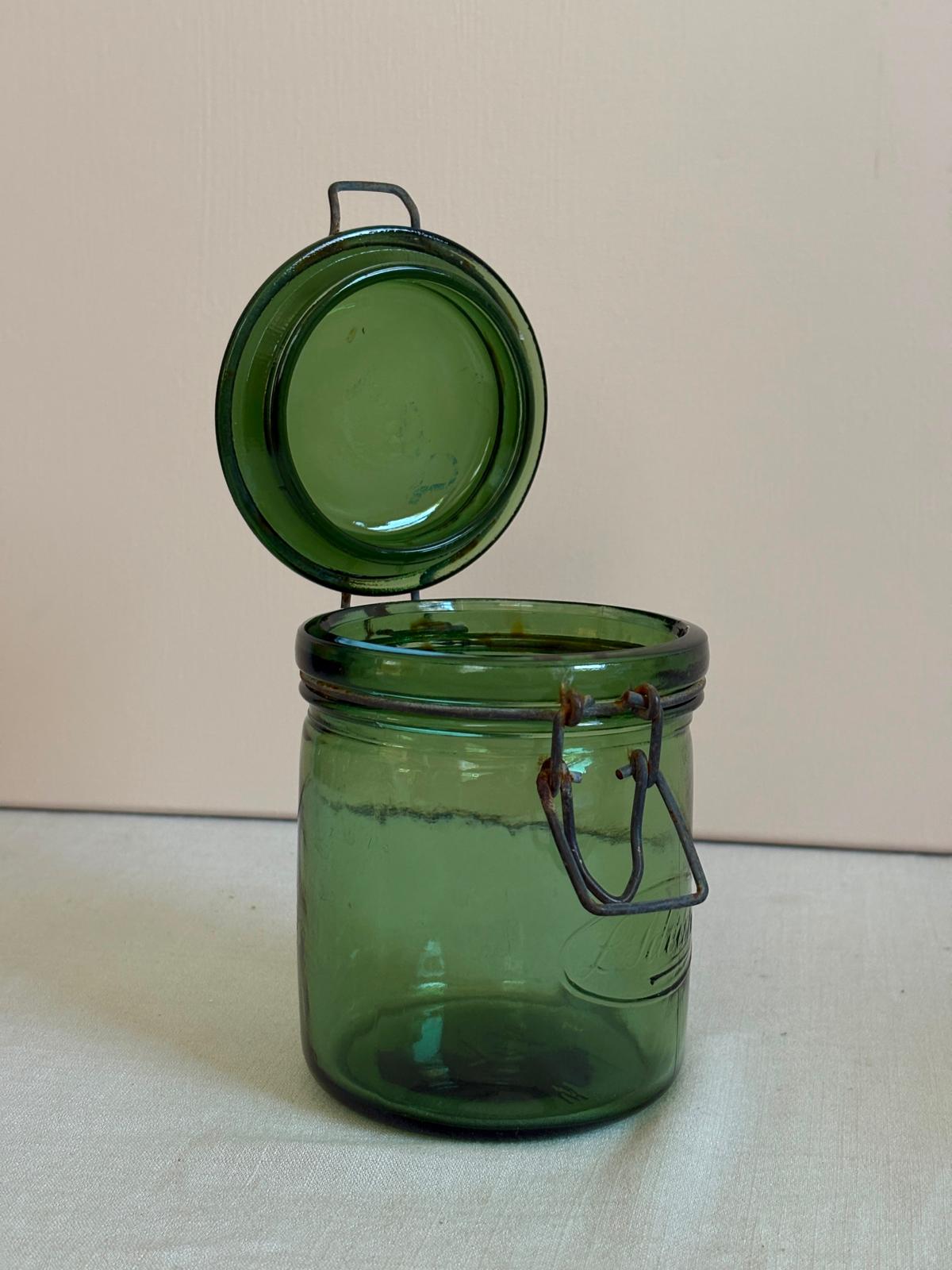 Vintage French L’Idéale Green Glass  Preserve Jar/ Hinged Glass Lid