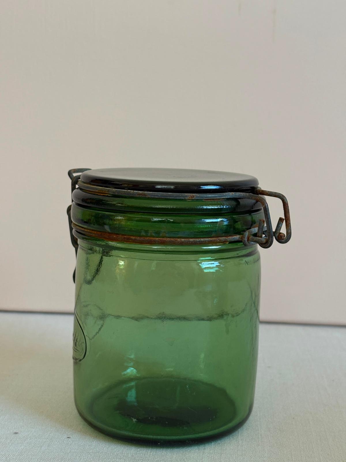 Vintage French L’Idéale Green Glass  Preserve Jar/ Hinged Glass Lid