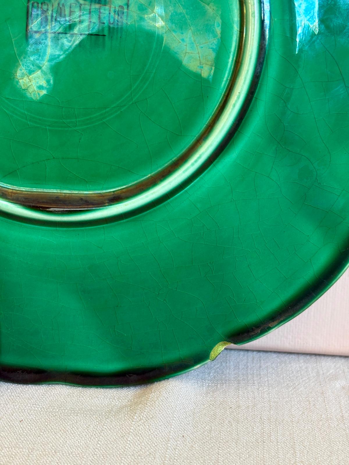 Vintage Gien France Green Majolica Leaf Plate "B"