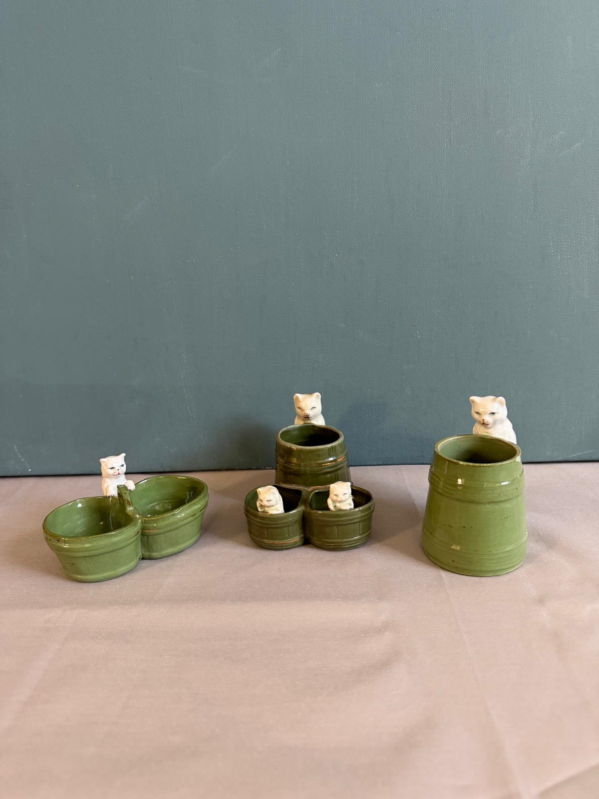 Antique French Ceramic Cat Condiment Set