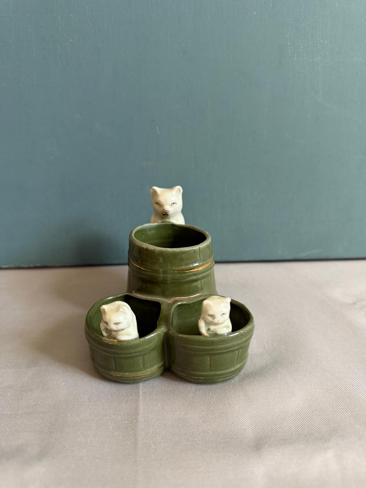 Antique French Ceramic Cat Condiment Set