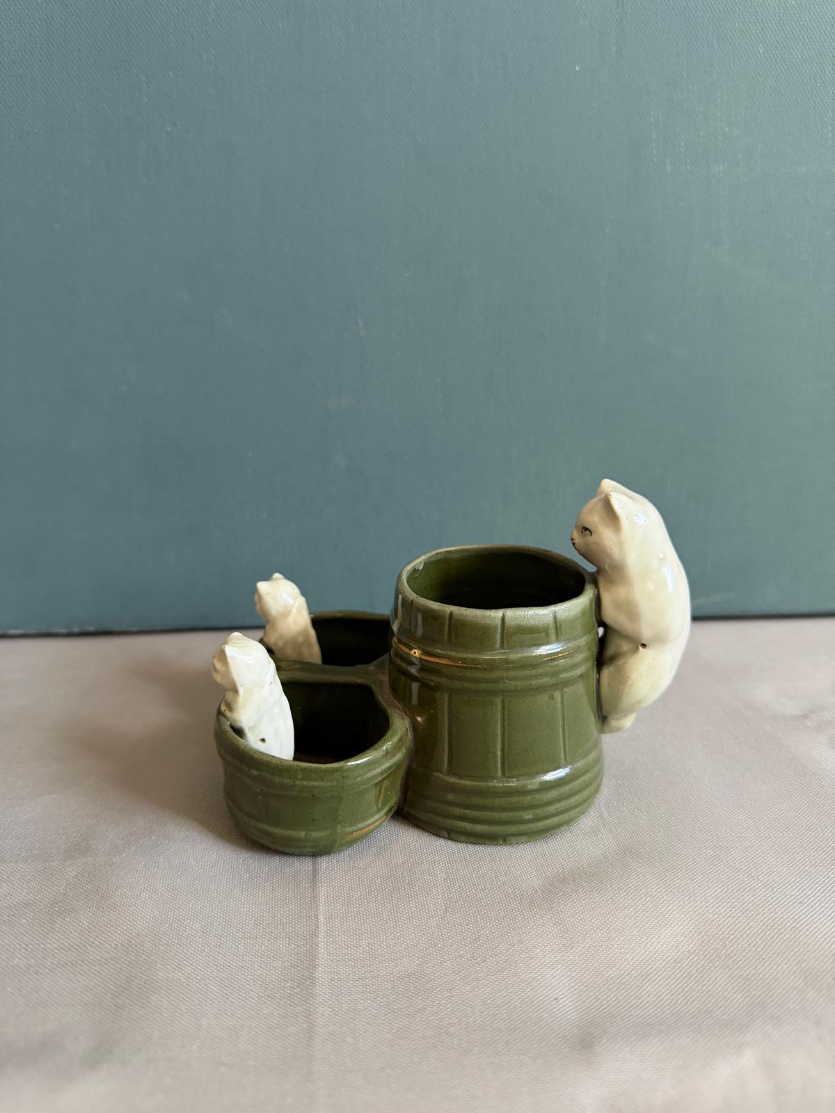 Antique French Ceramic Cat Condiment Set
