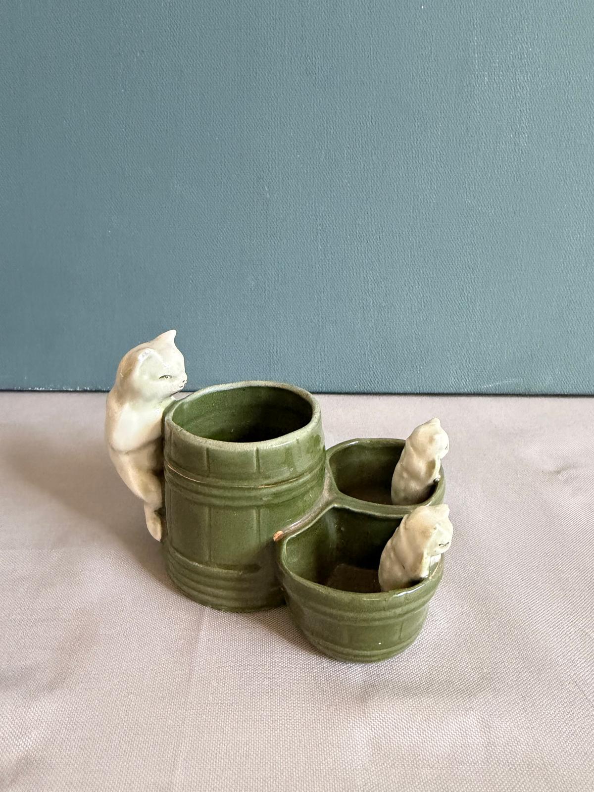 Antique French Ceramic Cat Condiment Set