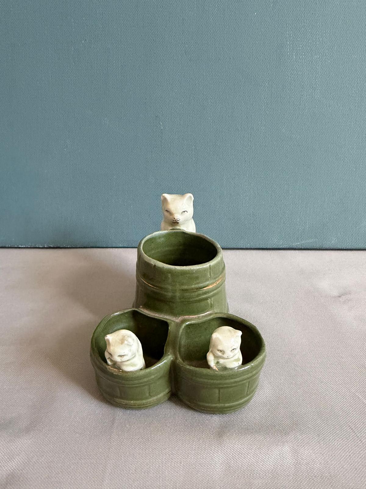 Antique French Ceramic Cat Condiment Set