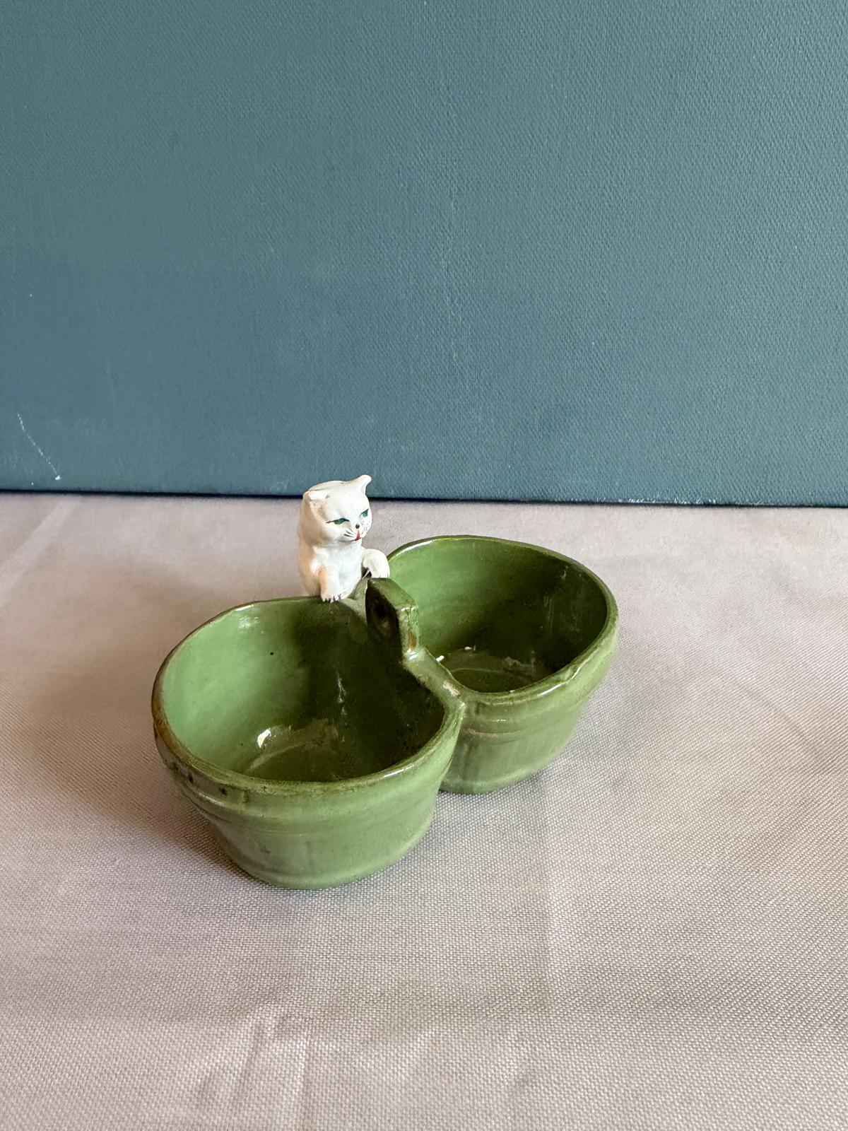 Antique French Ceramic Cat Condiment Set