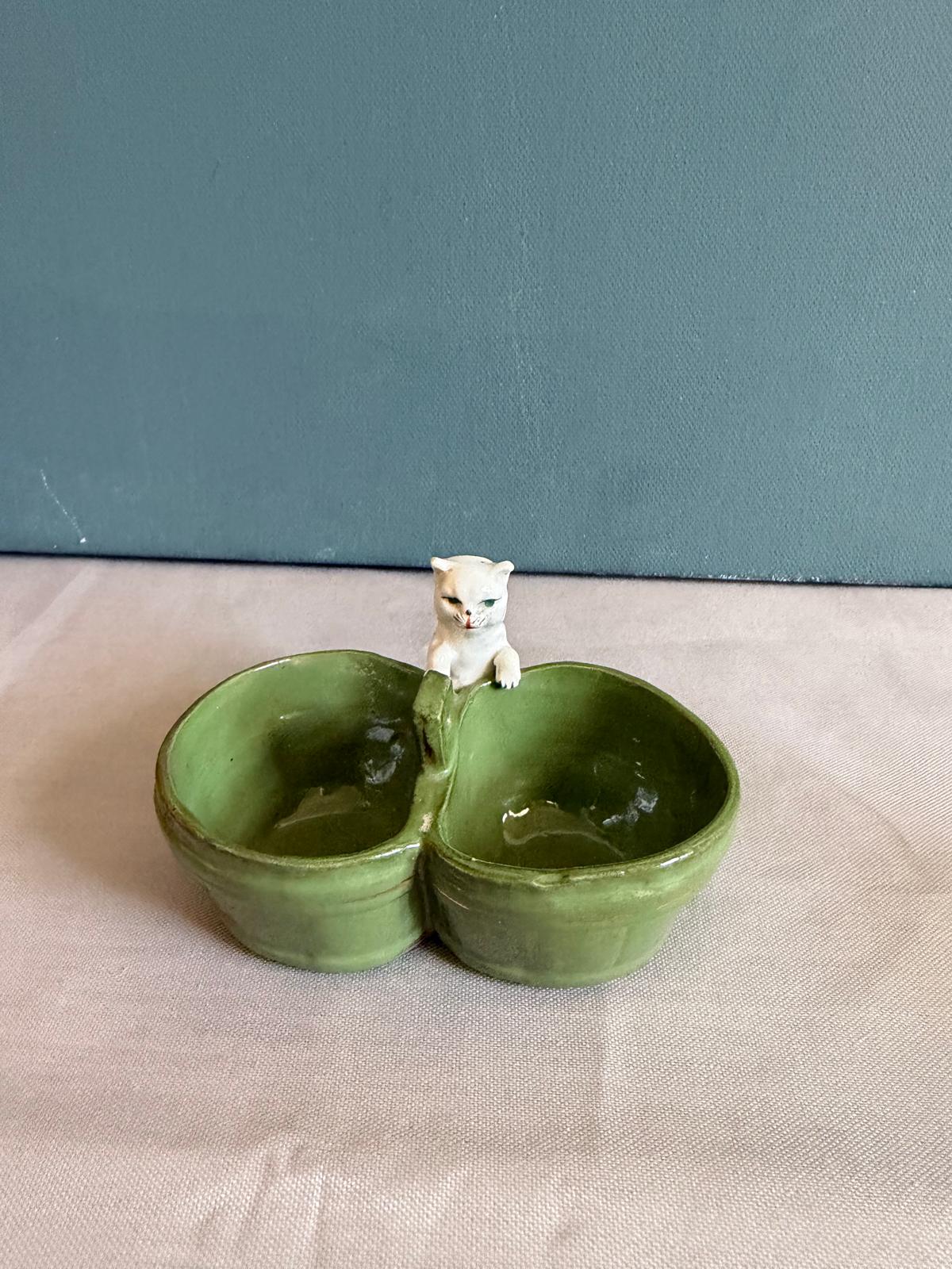 Antique French Ceramic Cat Condiment Set
