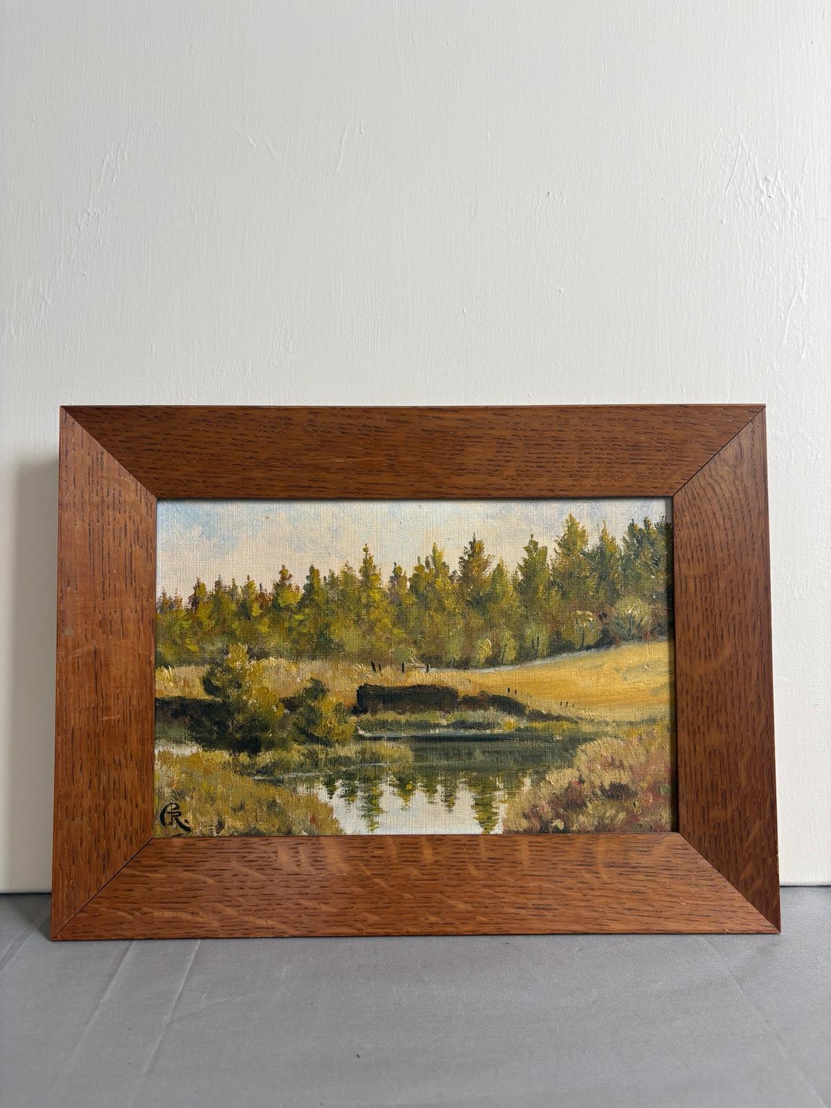 Vintage Signed Landscape Oil  Painting of Woodland Pond - Collector & Curator