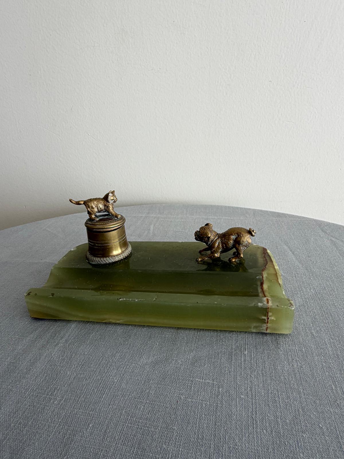 Antique 19th Century French Green Onyx & Gilt Bronze Inkwell with Cat and Dog Figurines