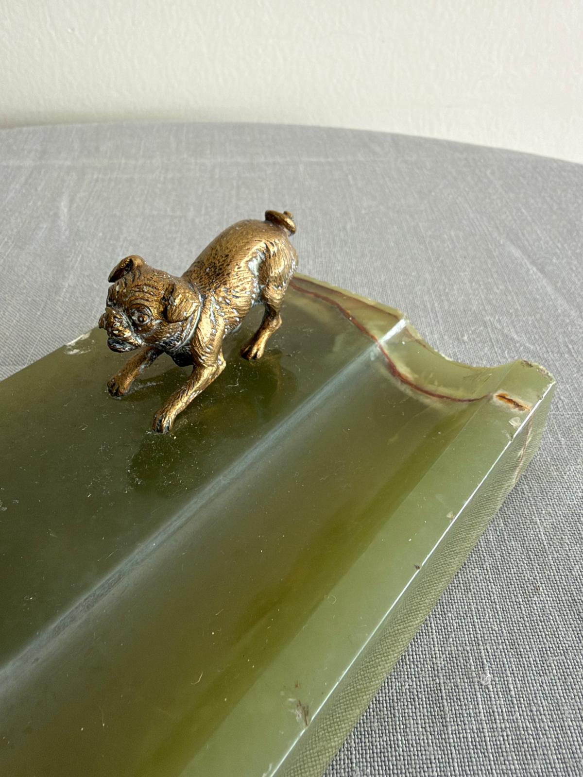 Antique 19th Century French Green Onyx & Gilt Bronze Inkwell with Cat and Dog Figurines