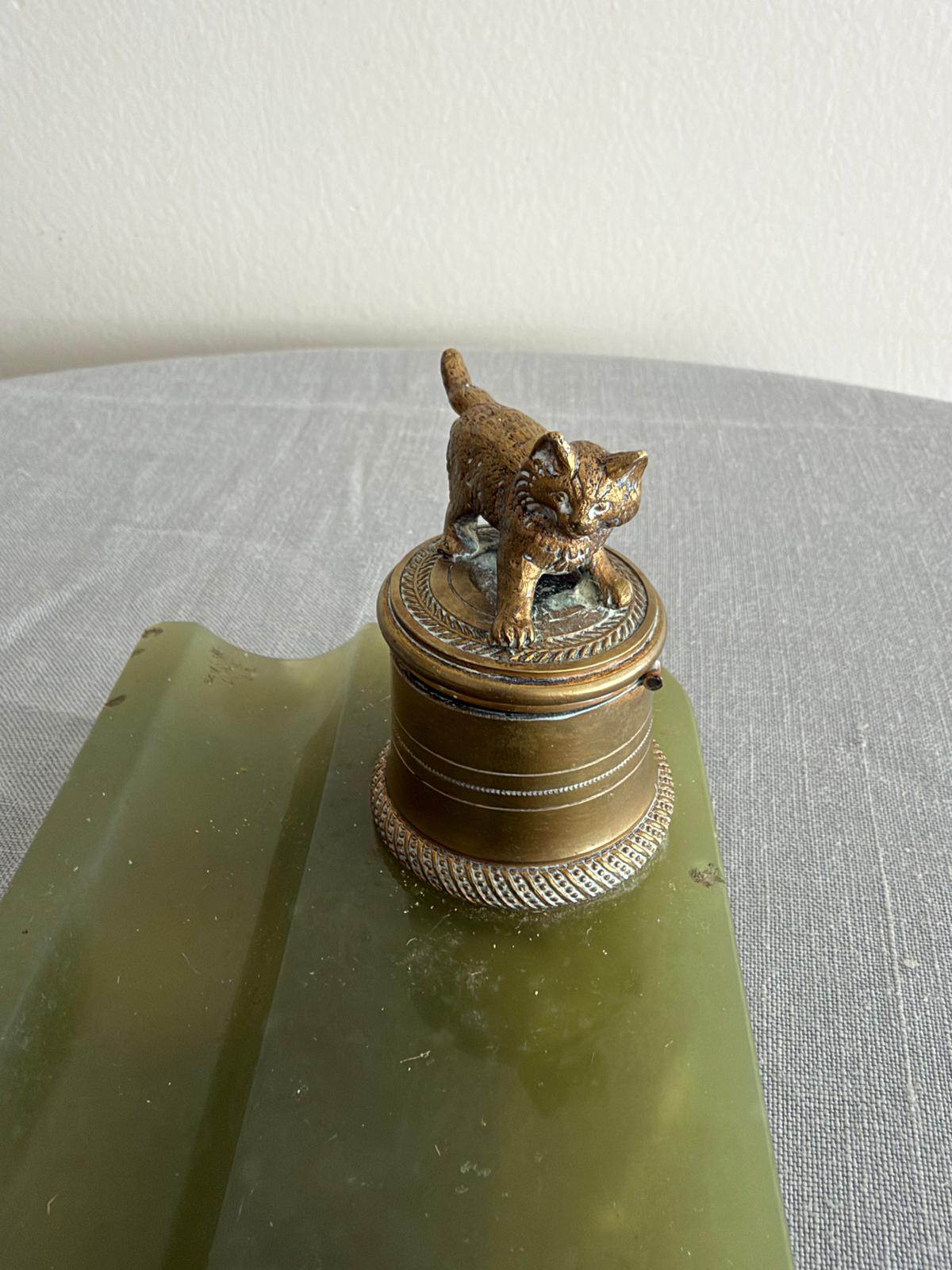 Antique 19th Century French Green Onyx & Gilt Bronze Inkwell with Cat and Dog Figurines