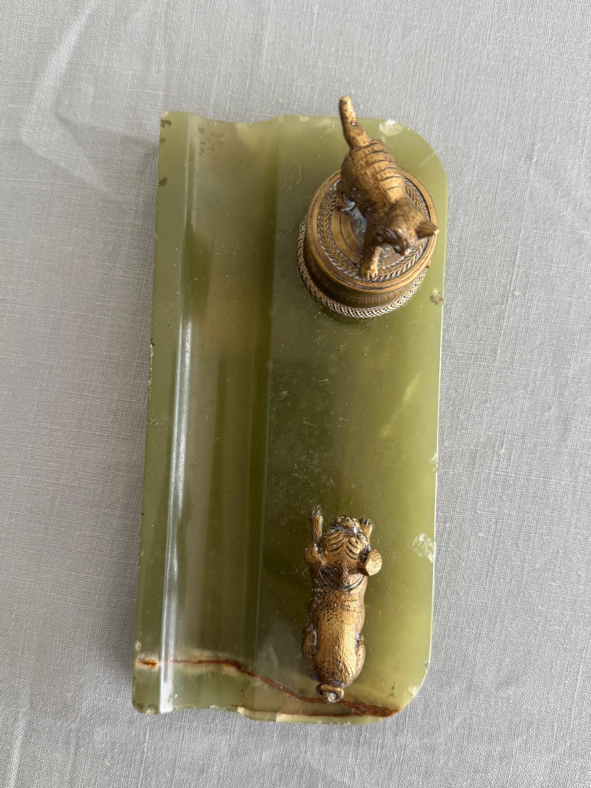 Antique 19th Century French Green Onyx & Gilt Bronze Inkwell with Cat and Dog Figurines