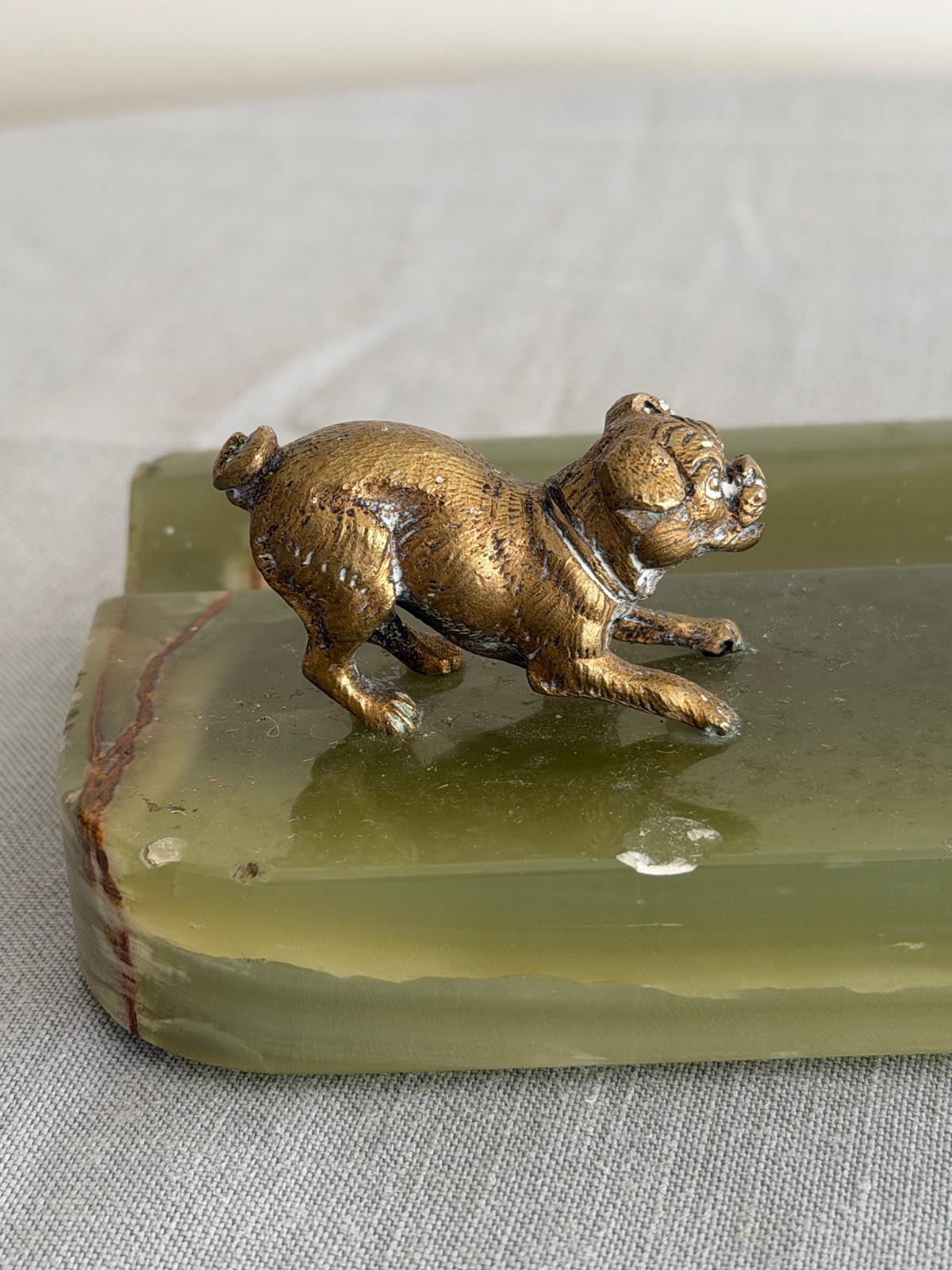 Antique 19th Century French Green Onyx & Gilt Bronze Inkwell with Cat and Dog Figurines