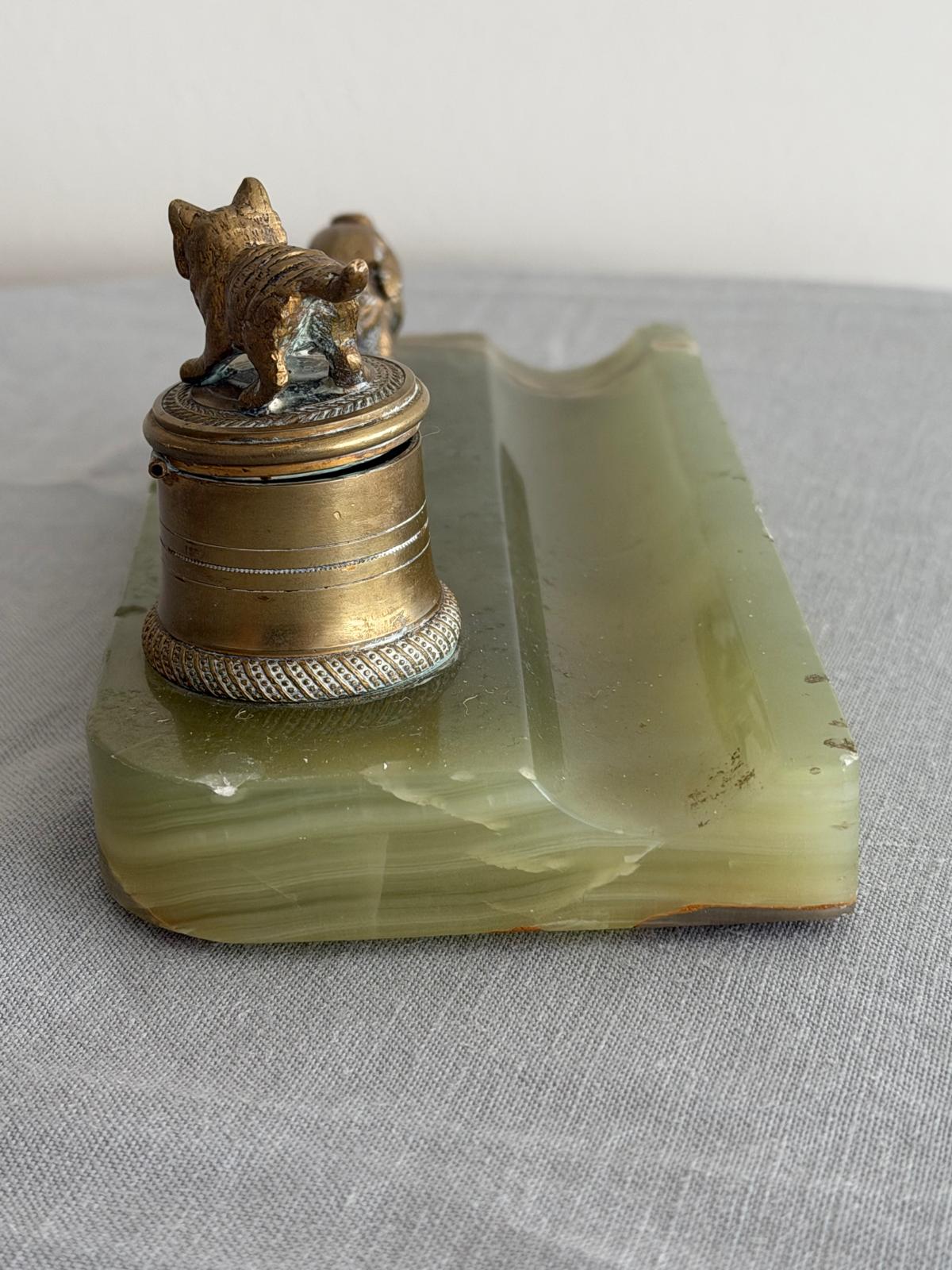Antique 19th Century French Green Onyx & Gilt Bronze Inkwell with Cat and Dog Figurines