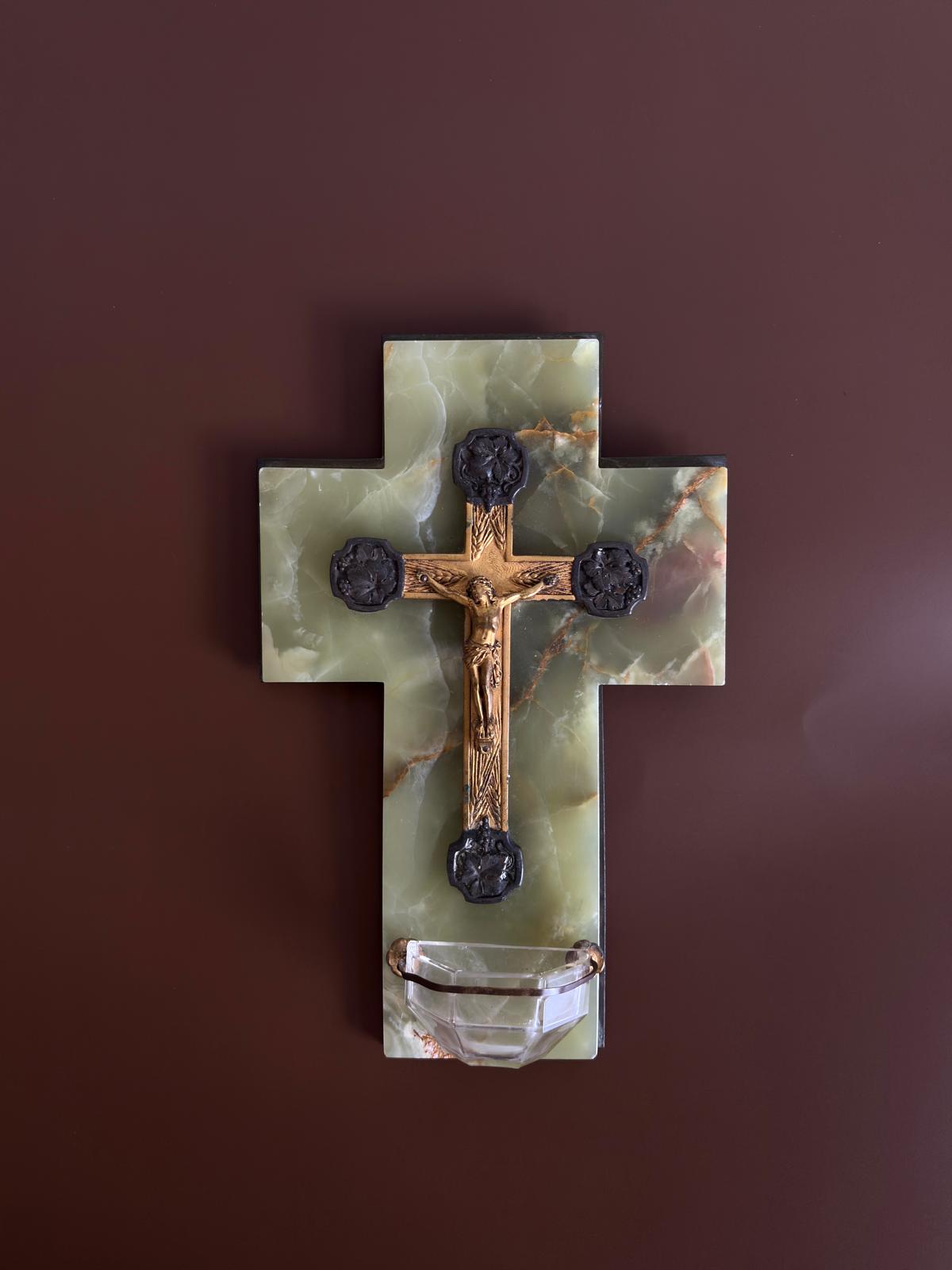 Antique French Green Onyx Holy Water Font with Gilt Crucifix & Faceted Glass Bénitier - Collector & Curator