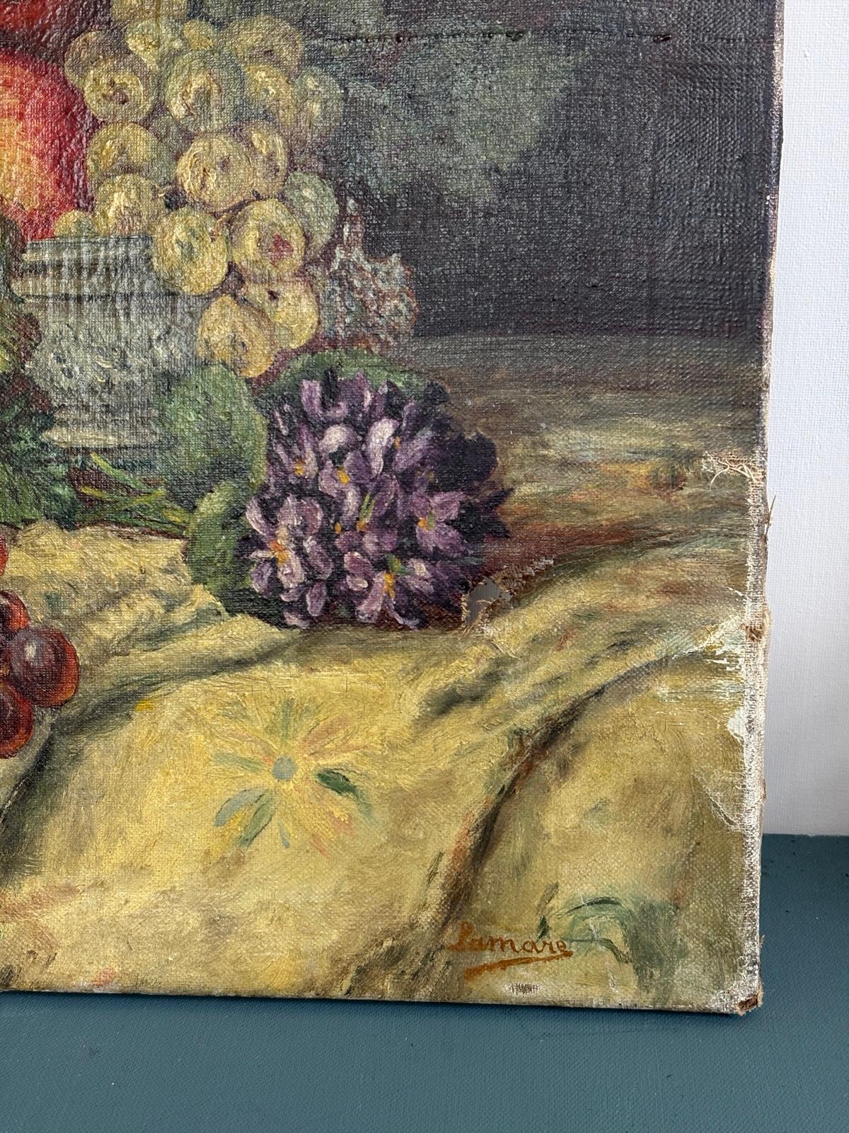 Antique French Oil Painting Still Life with Fruit & Grapes