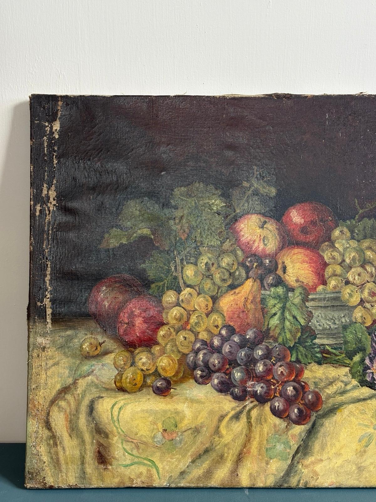 Antique French Oil Painting Still Life with Fruit & Grapes