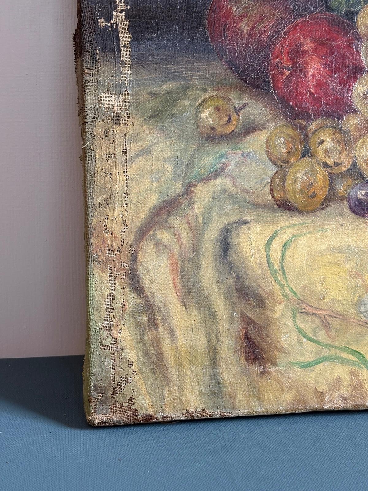 Antique French Oil Painting Still Life with Fruit & Grapes