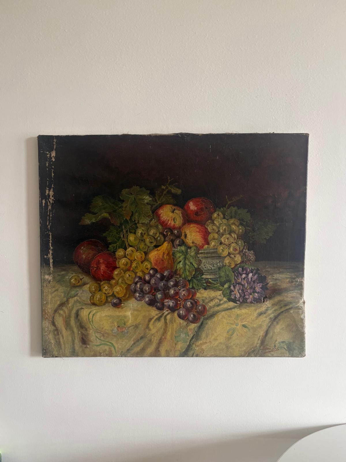 Antique French Oil Painting Still Life with Fruit & Grapes