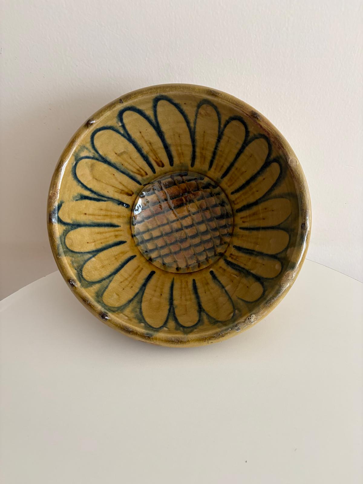 Vintage Yellow Glazed Pottery Bowl with Sunflower Design - Collector & Curator