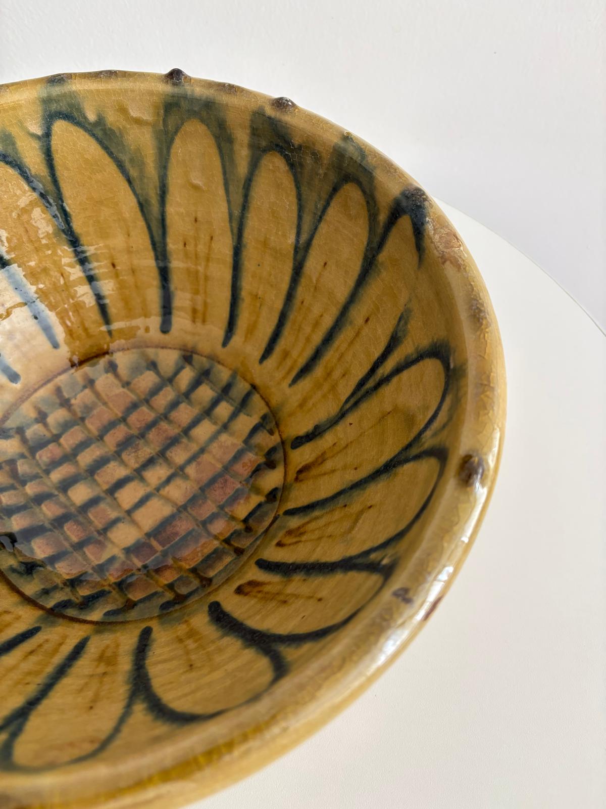 Vintage Yellow Glazed Pottery Bowl with Sunflower Design - Collector & Curator