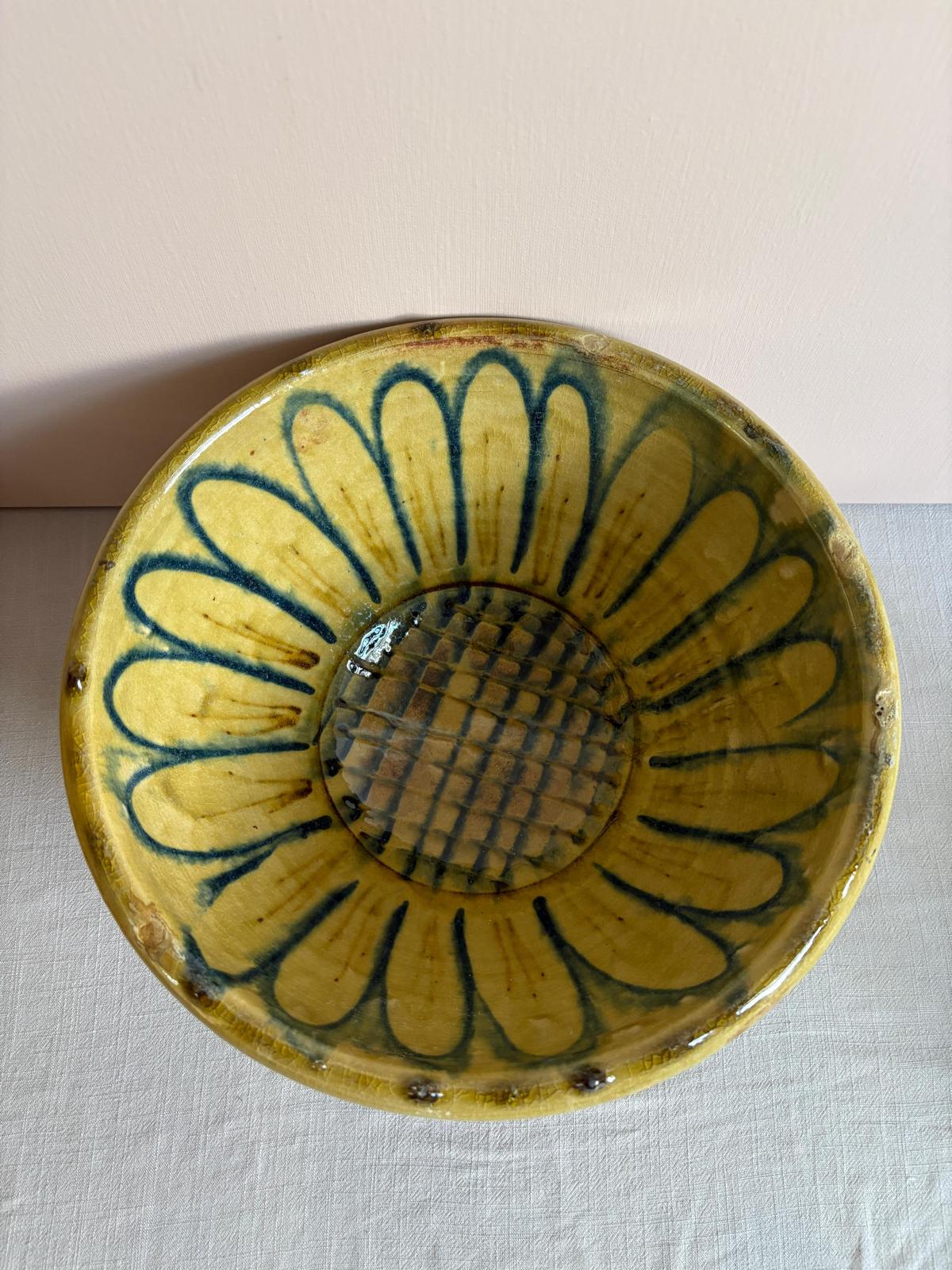 Vintage Yellow Glazed Pottery Bowl with Sunflower Design - Collector & Curator