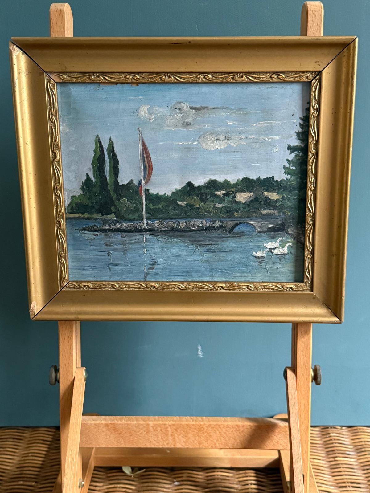 Framed Lakeside  with Swans & Hand Painted Decorative Breadboard