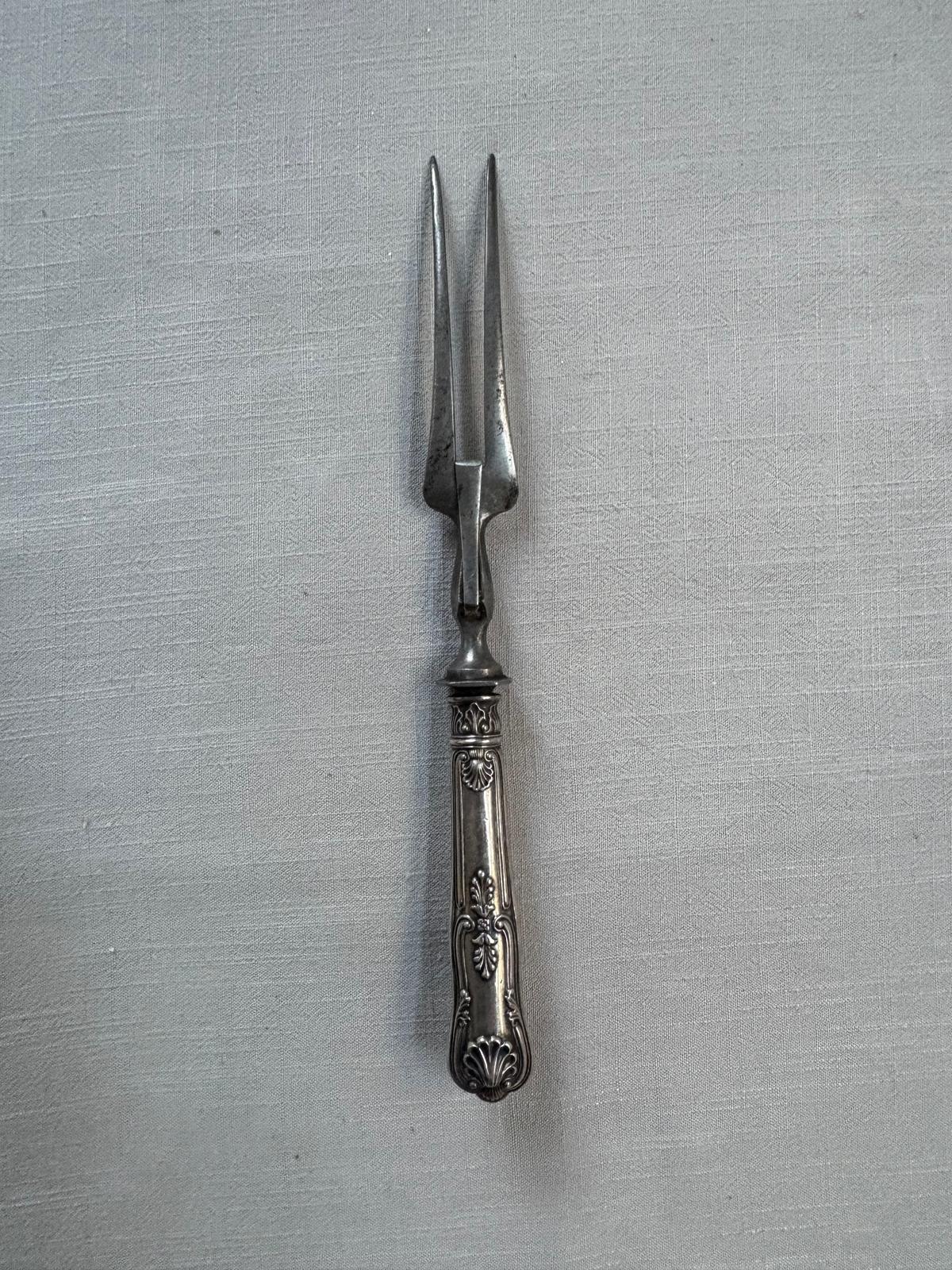 Vintage French Wicker Picnic Basket, Silver Plated Meat Fork, & Three glass wine bottles