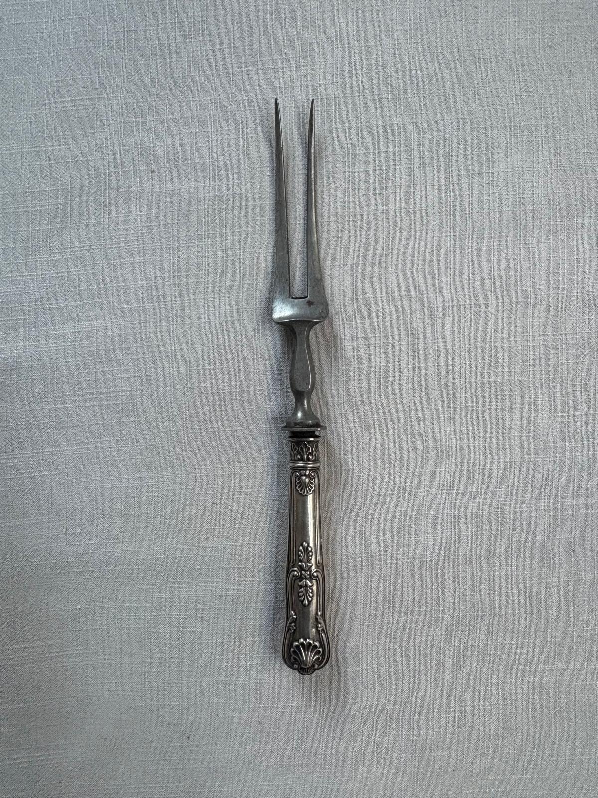 Vintage French Wicker Picnic Basket, Silver Plated Meat Fork, & Three glass wine bottles