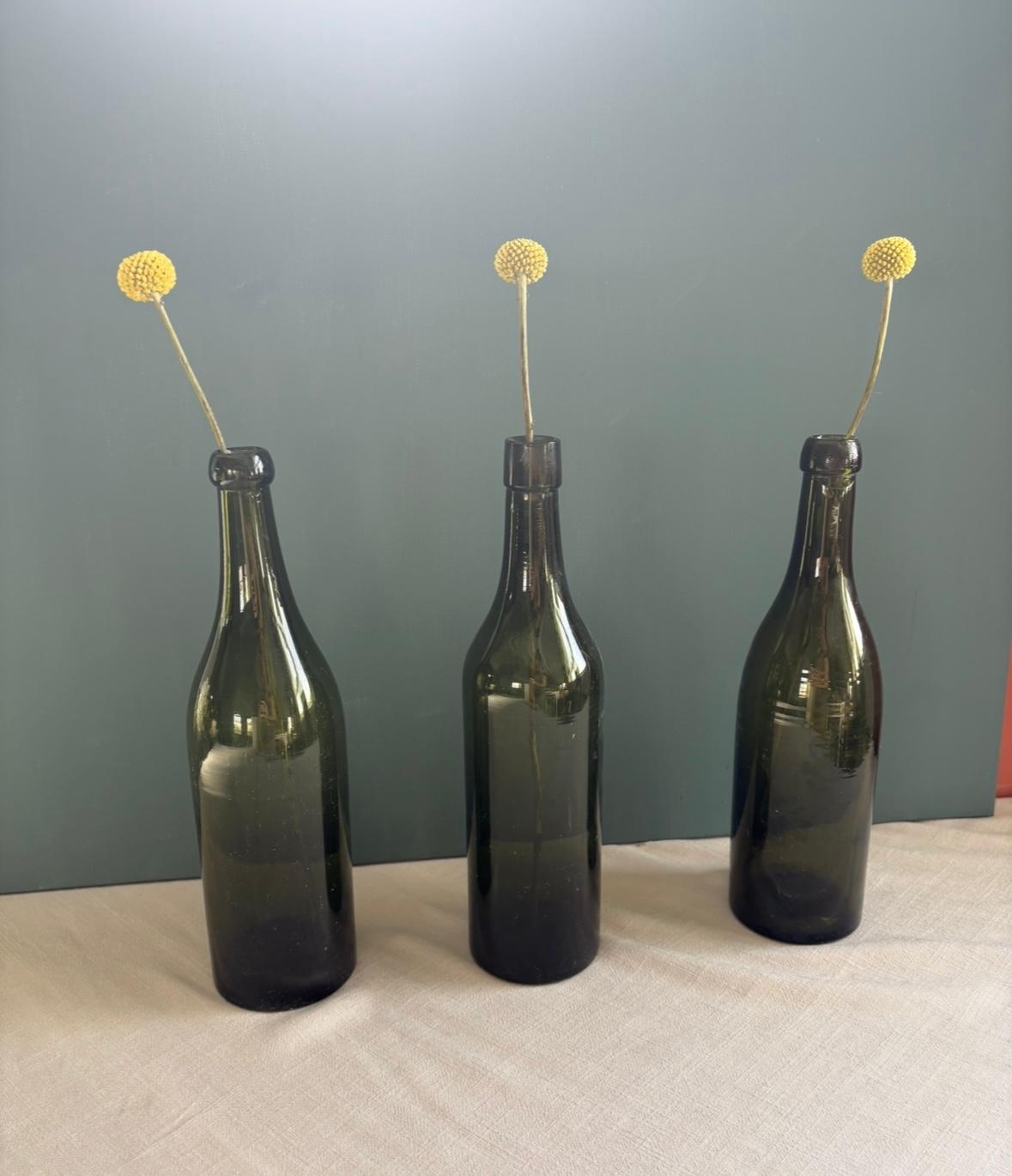 Vintage French Wicker Picnic Basket, Silver Plated Meat Fork, & Three glass wine bottles